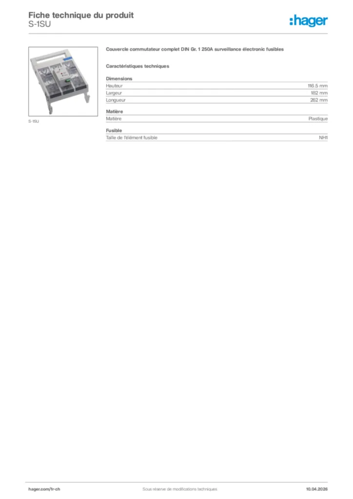 Image Hager Fiche technique du produit S-1SU | Hager Suisse
