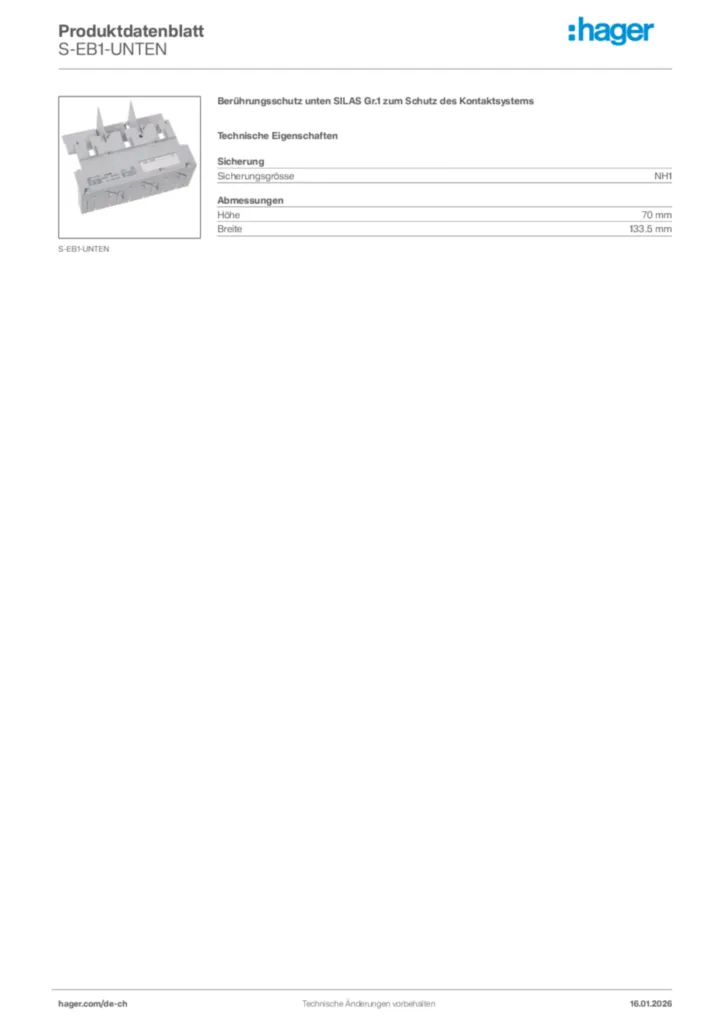 Bild Hager Produktdatenblatt S-EB1-UNTEN | Hager Schweiz