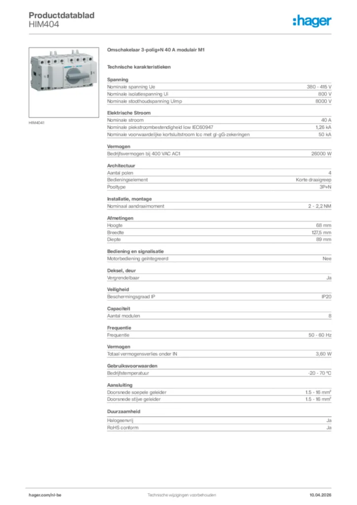 Afbeelding Hager Productdatablad HIM404 | Hager Belgium