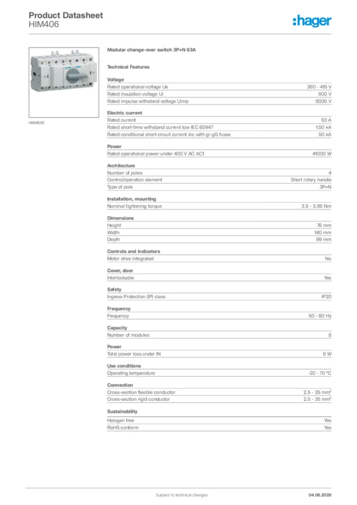 Image Hager Product data sheet HIM406  | Hager Africa