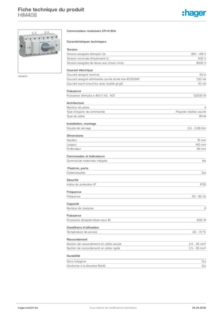 Image Hager Fiche technique du produit HIM408 | Hager Belgique