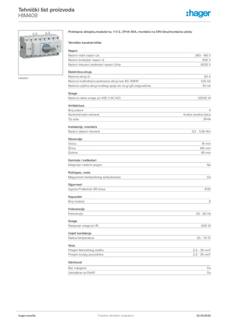 Slika Hager Tehnički list proizvoda HIM408  | Hager