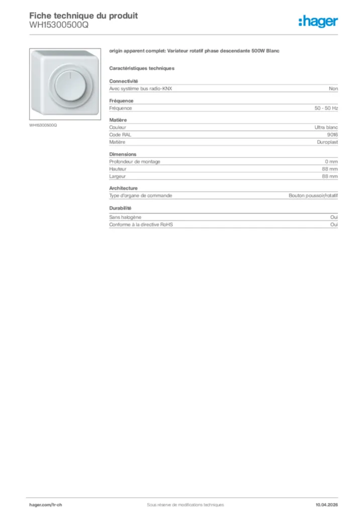 Image Hager Fiche technique du produit WH15300500Q | Hager Suisse
