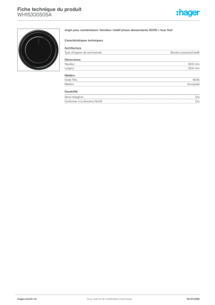 Image Hager Fiche technique du produit WH15300505A | Hager Suisse