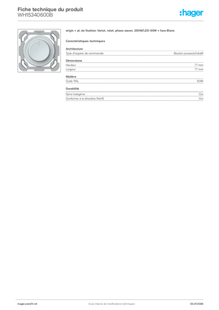 Image Hager Fiche technique du produit WH15340600B | Hager Suisse