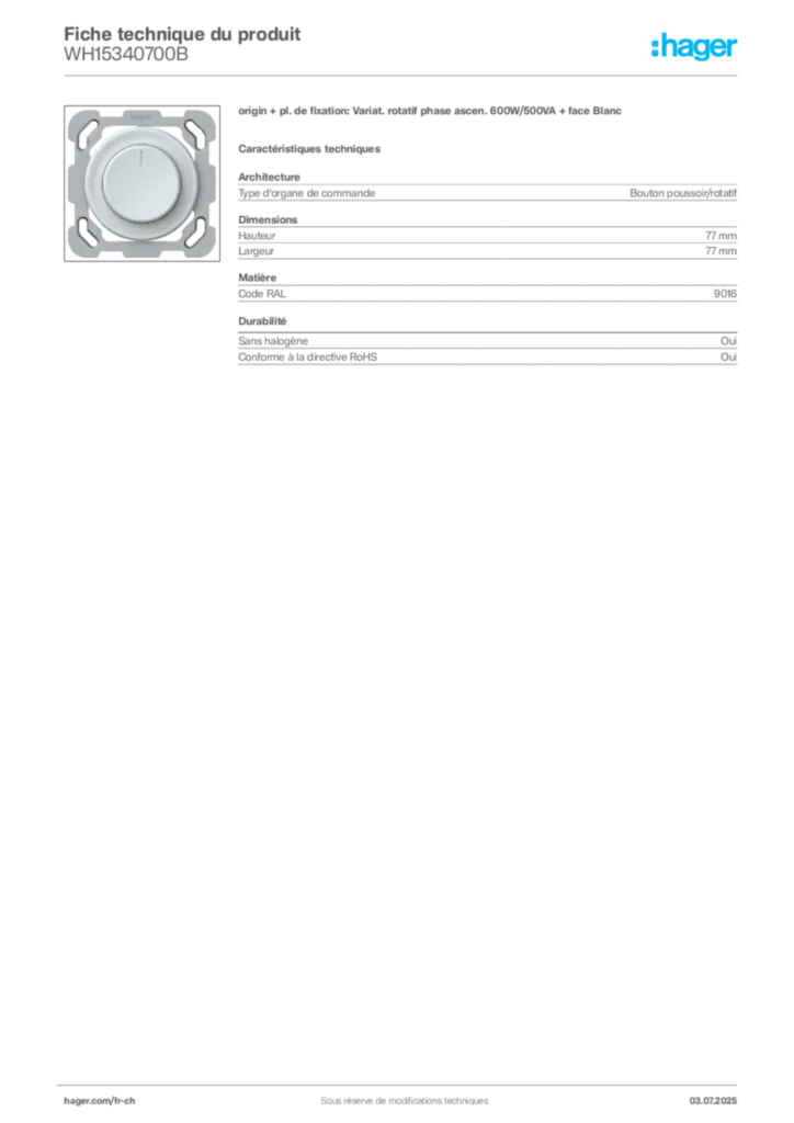 Image Hager Fiche technique du produit WH15340700B | Hager Suisse