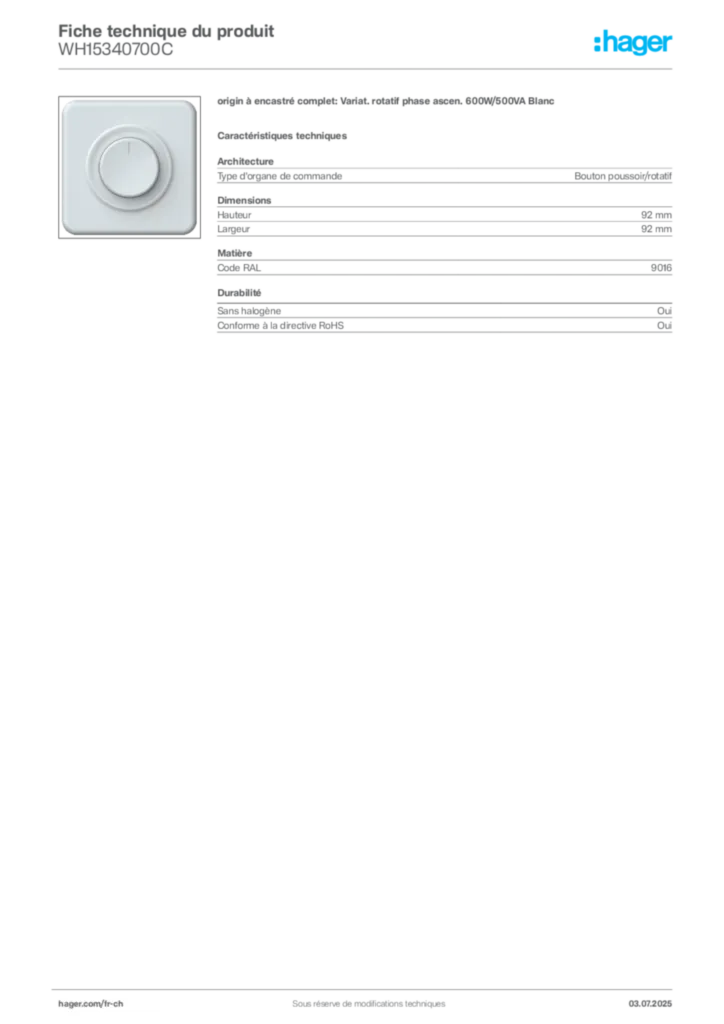 Image Hager Fiche technique du produit WH15340700C | Hager Suisse