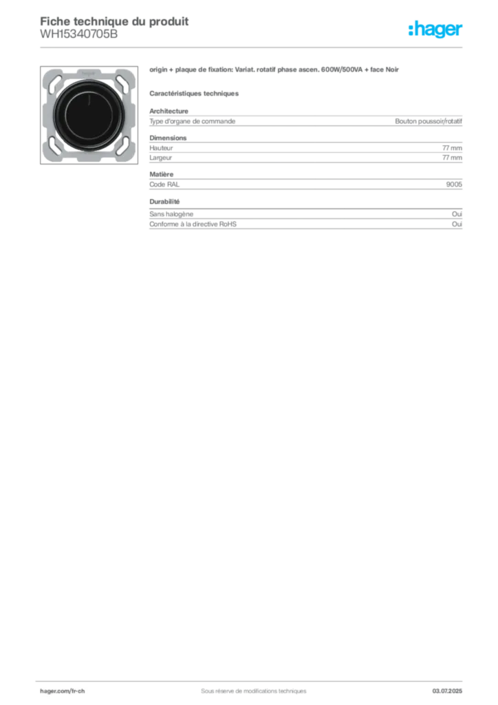 Image Hager Fiche technique du produit WH15340705B | Hager Suisse