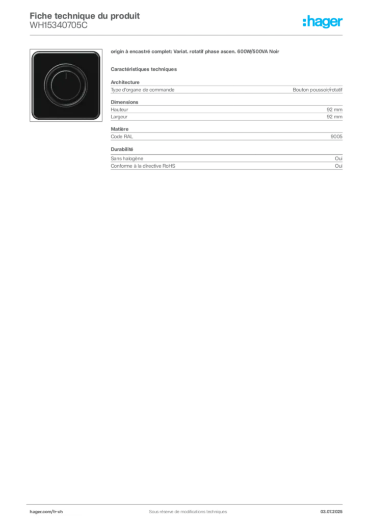 Image Hager Fiche technique du produit WH15340705C | Hager Suisse