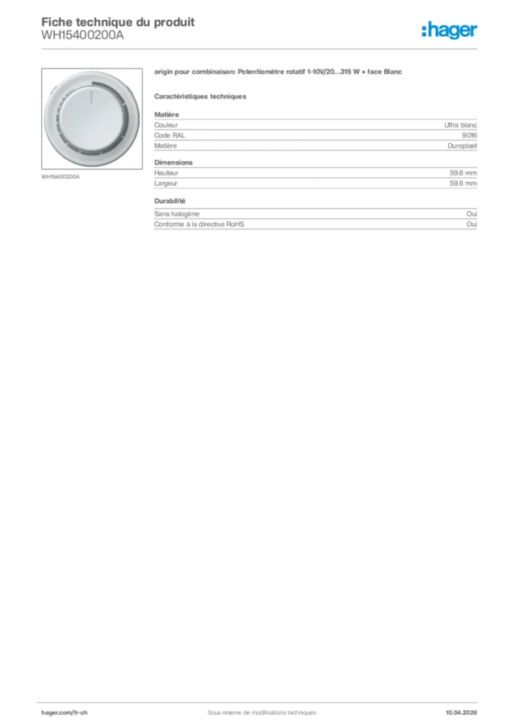 Image Hager Fiche technique du produit WH15400200A | Hager Suisse