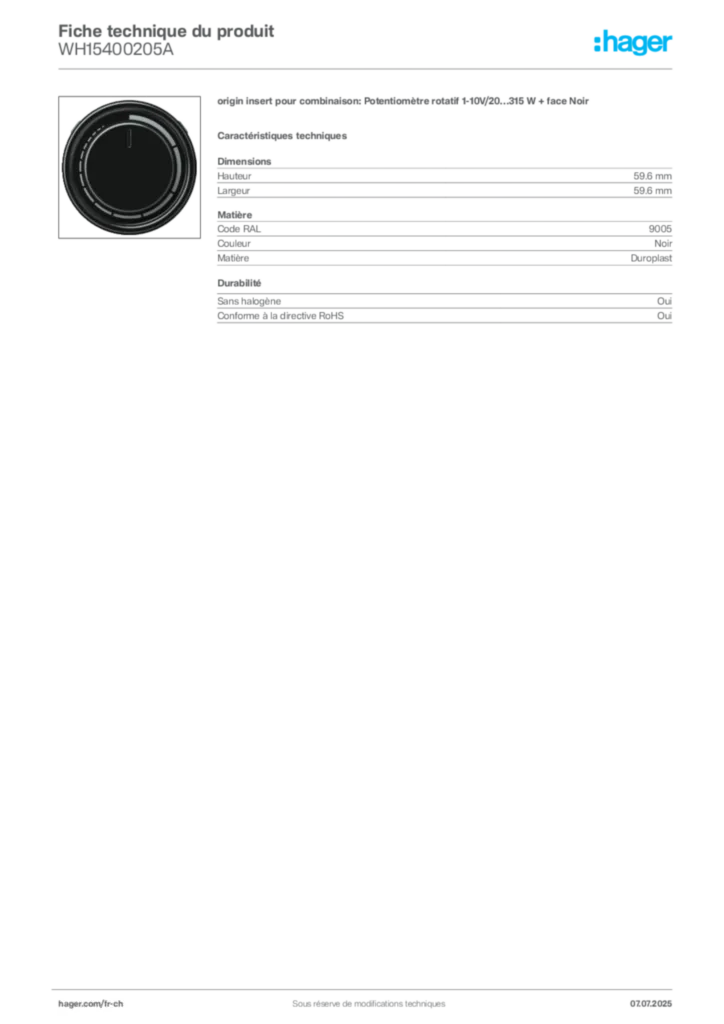 Image Hager Fiche technique du produit WH15400205A | Hager Suisse