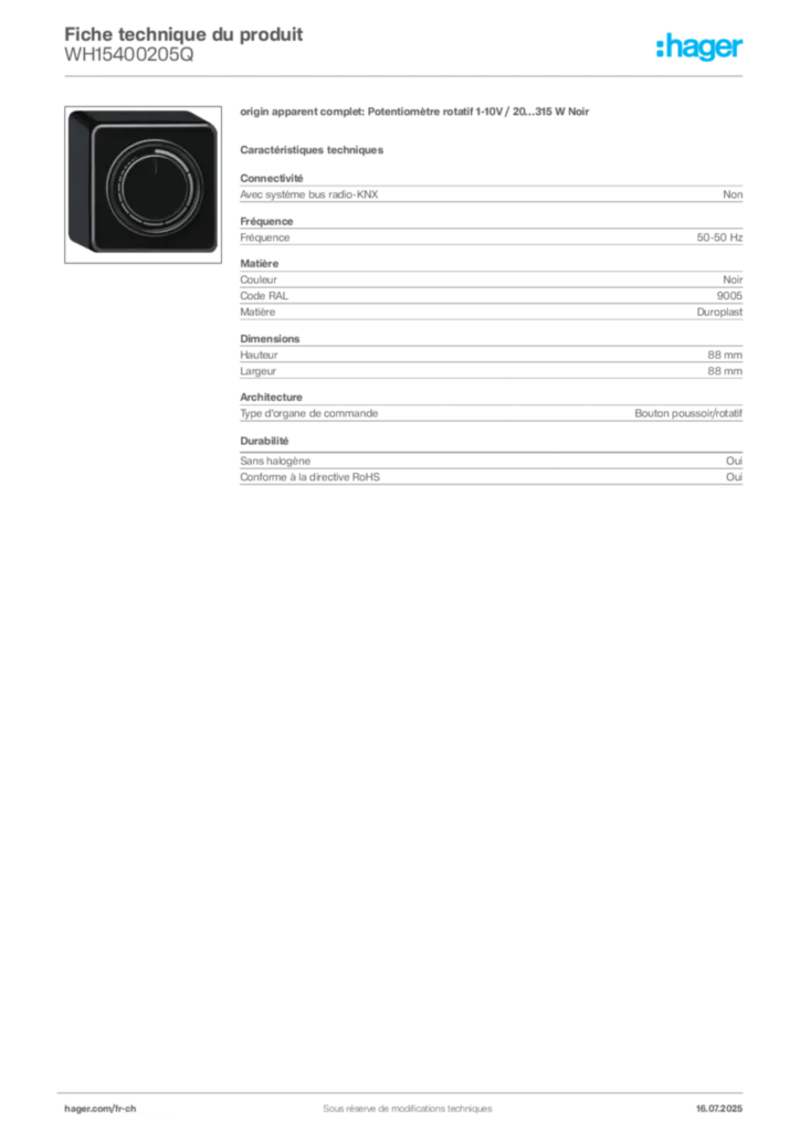 Image Hager Fiche technique du produit WH15400205Q | Hager Suisse