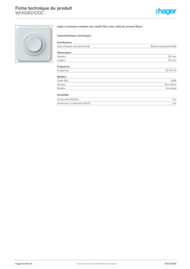 Image Hager Fiche technique du produit WH15410100C | Hager Suisse