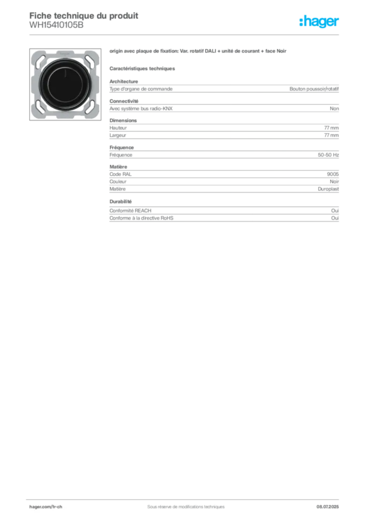 Image Hager Fiche technique du produit WH15410105B | Hager Suisse