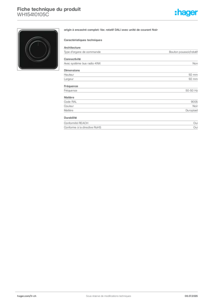 Image Hager Fiche technique du produit WH15410105C | Hager Suisse