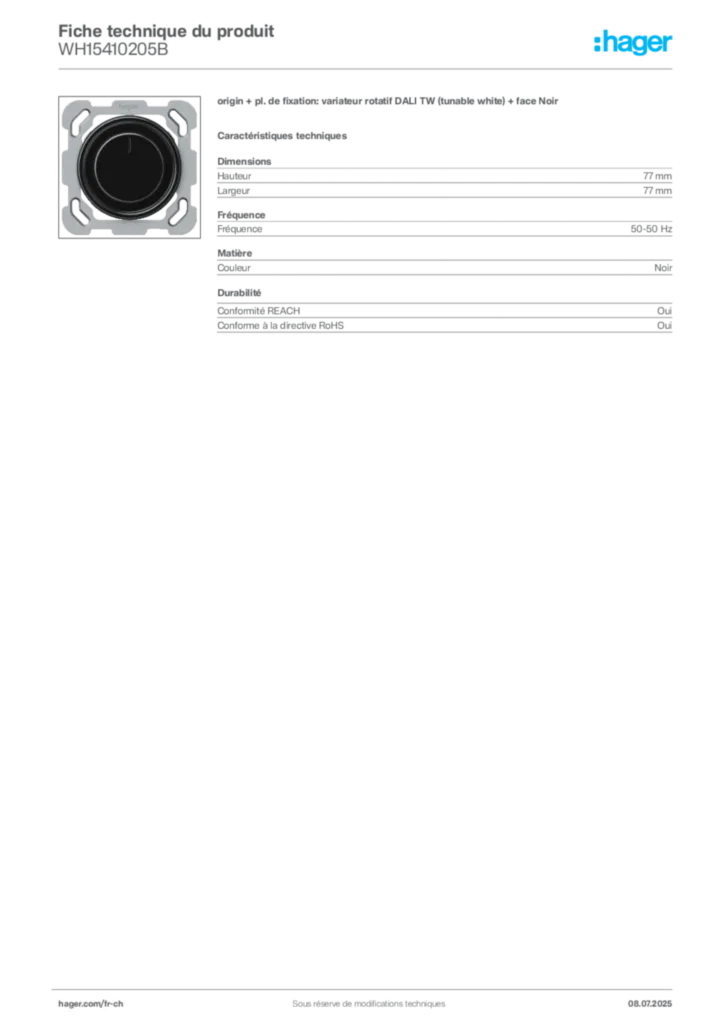 Image Hager Fiche technique du produit WH15410205B | Hager Suisse