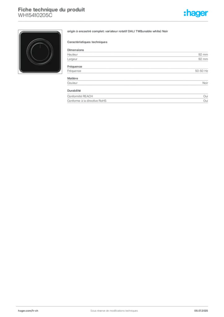 Image Hager Fiche technique du produit WH15410205C | Hager Suisse