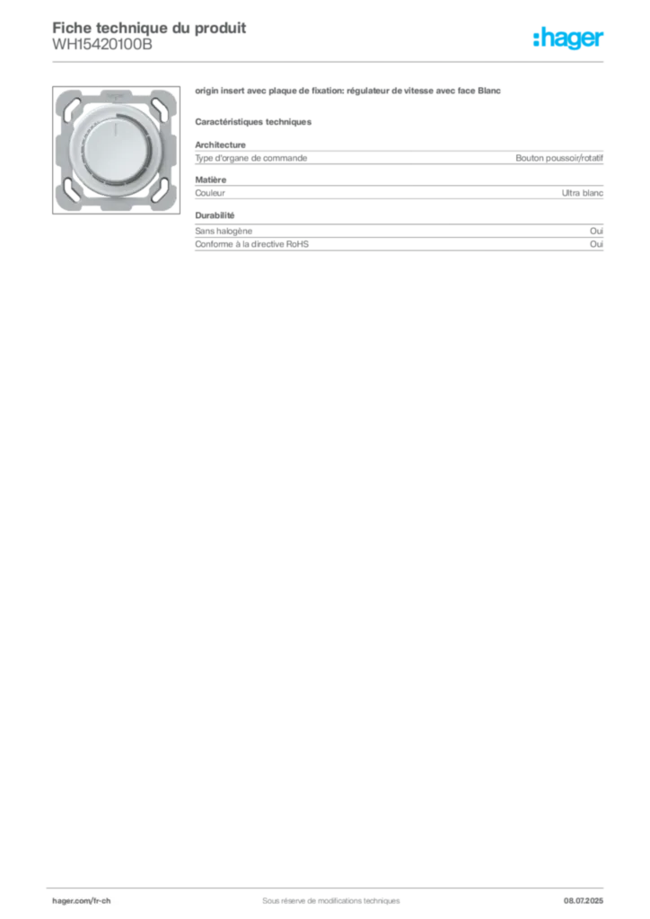 Image Hager Fiche technique du produit WH15420100B | Hager Suisse