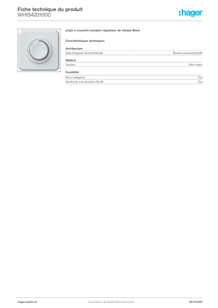 Image Hager Fiche technique du produit WH15420100C | Hager Suisse