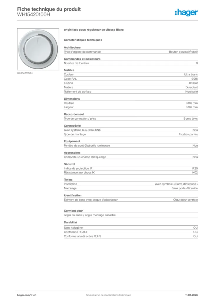 Image Hager Fiche technique du produit WH15420100H | Hager Suisse