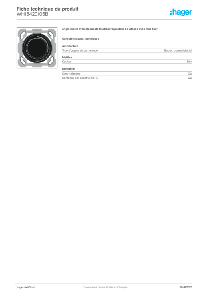 Image Hager Fiche technique du produit WH15420105B | Hager Suisse