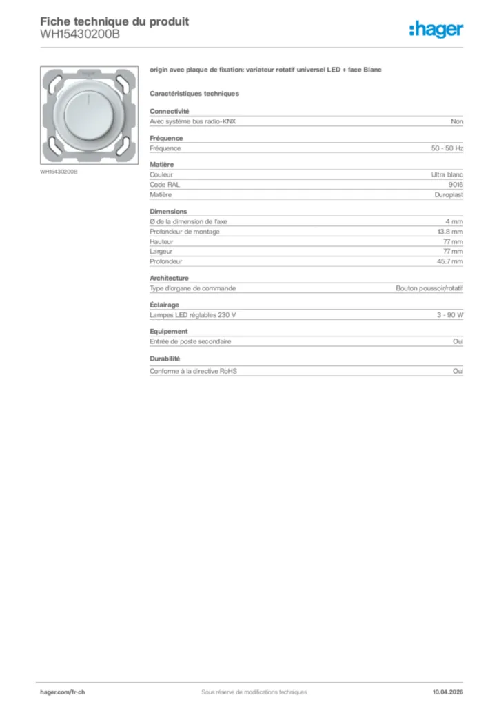 Image Hager Fiche technique du produit WH15430200B | Hager Suisse