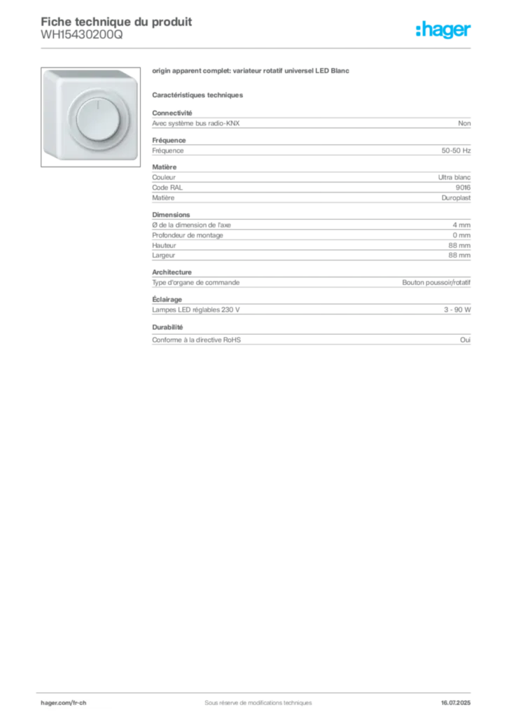 Image Hager Fiche technique du produit WH15430200Q | Hager Suisse