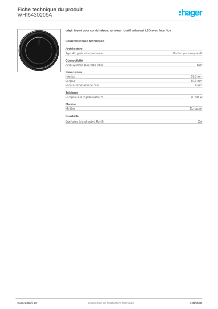 Image Hager Fiche technique du produit WH15430205A | Hager Suisse