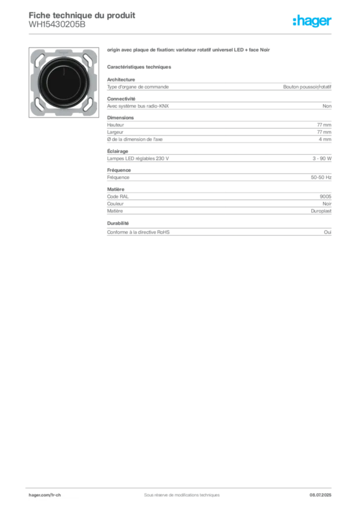 Image Hager Fiche technique du produit WH15430205B | Hager Suisse