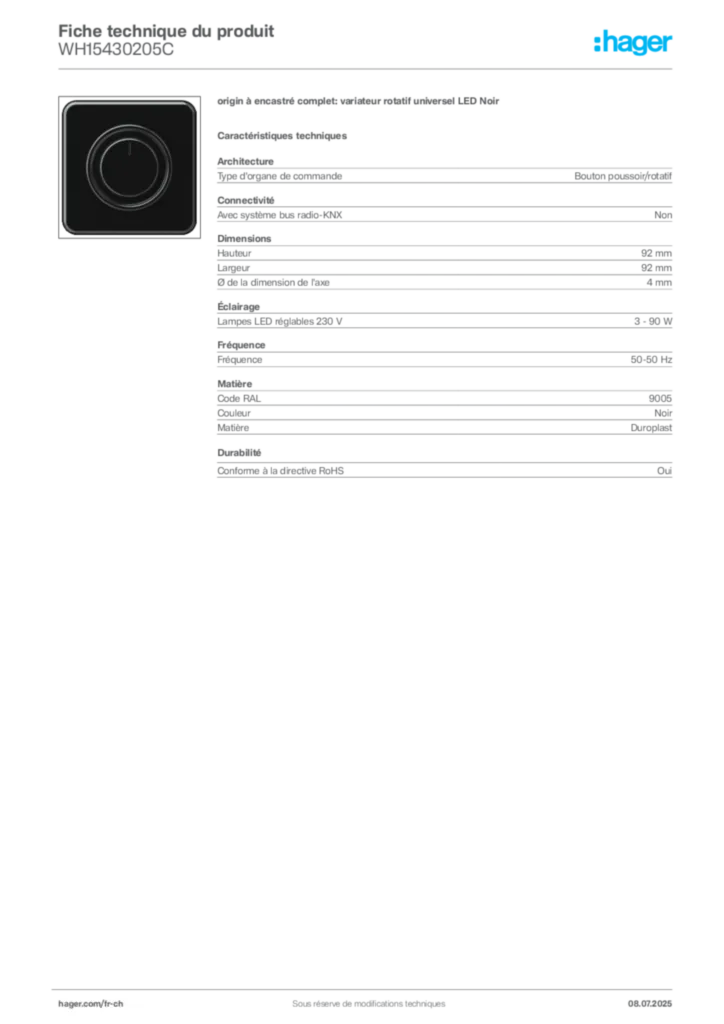 Image Hager Fiche technique du produit WH15430205C | Hager Suisse