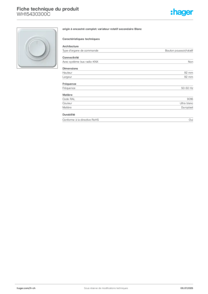 Image Hager Fiche technique du produit WH15430300C | Hager Suisse