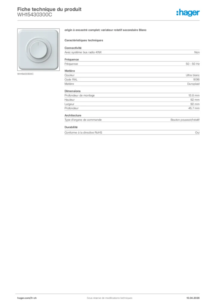 Image Hager Fiche technique du produit WH15430300C | Hager Suisse