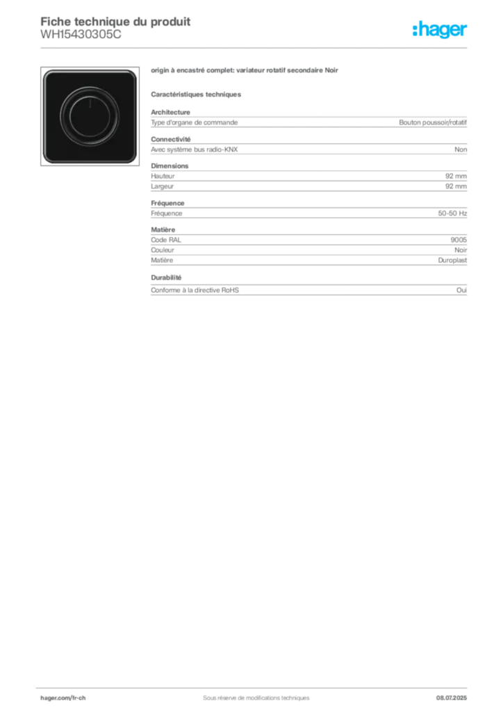 Image Hager Fiche technique du produit WH15430305C | Hager Suisse