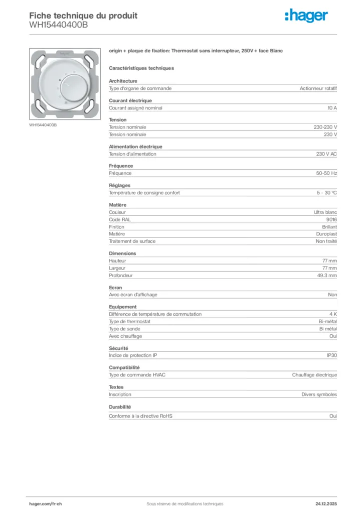 Image Hager Fiche technique du produit WH15440400B | Hager Suisse