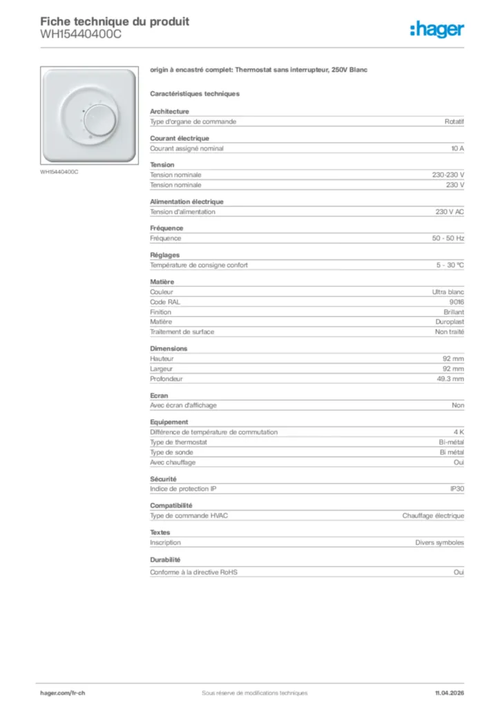 Image Hager Fiche technique du produit WH15440400C | Hager Suisse