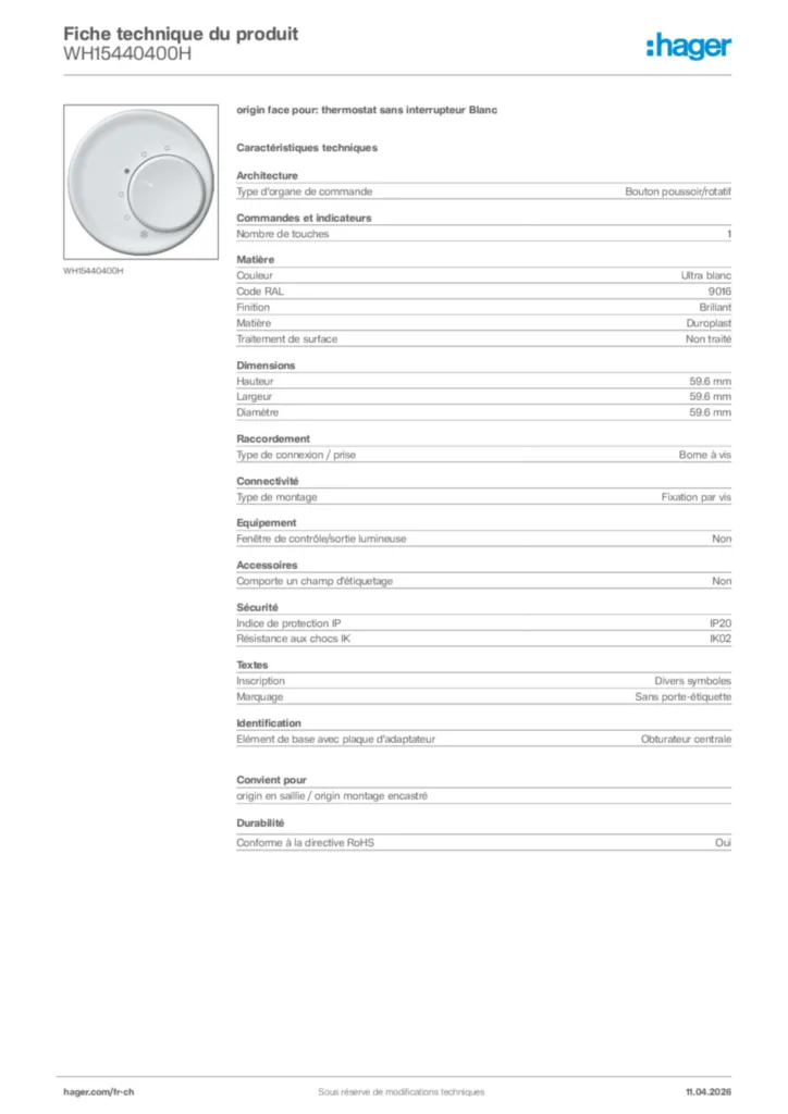 Image Hager Fiche technique du produit WH15440400H | Hager Suisse