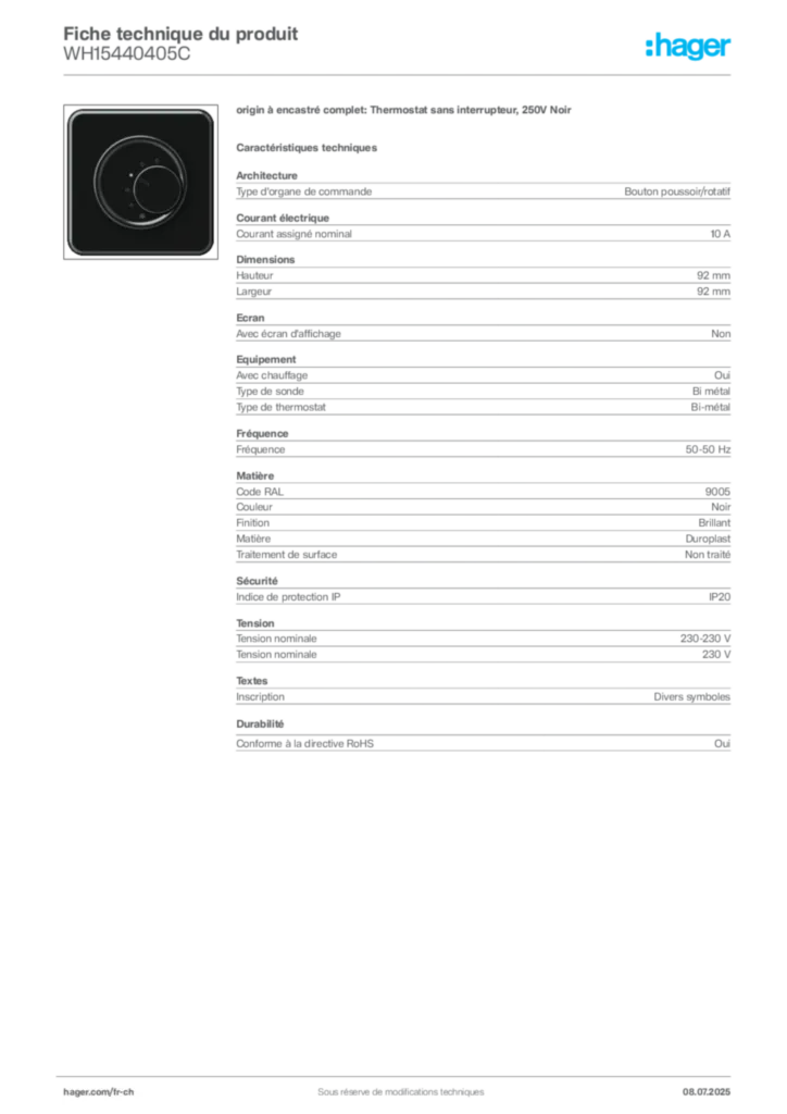 Image Hager Fiche technique du produit WH15440405C | Hager Suisse