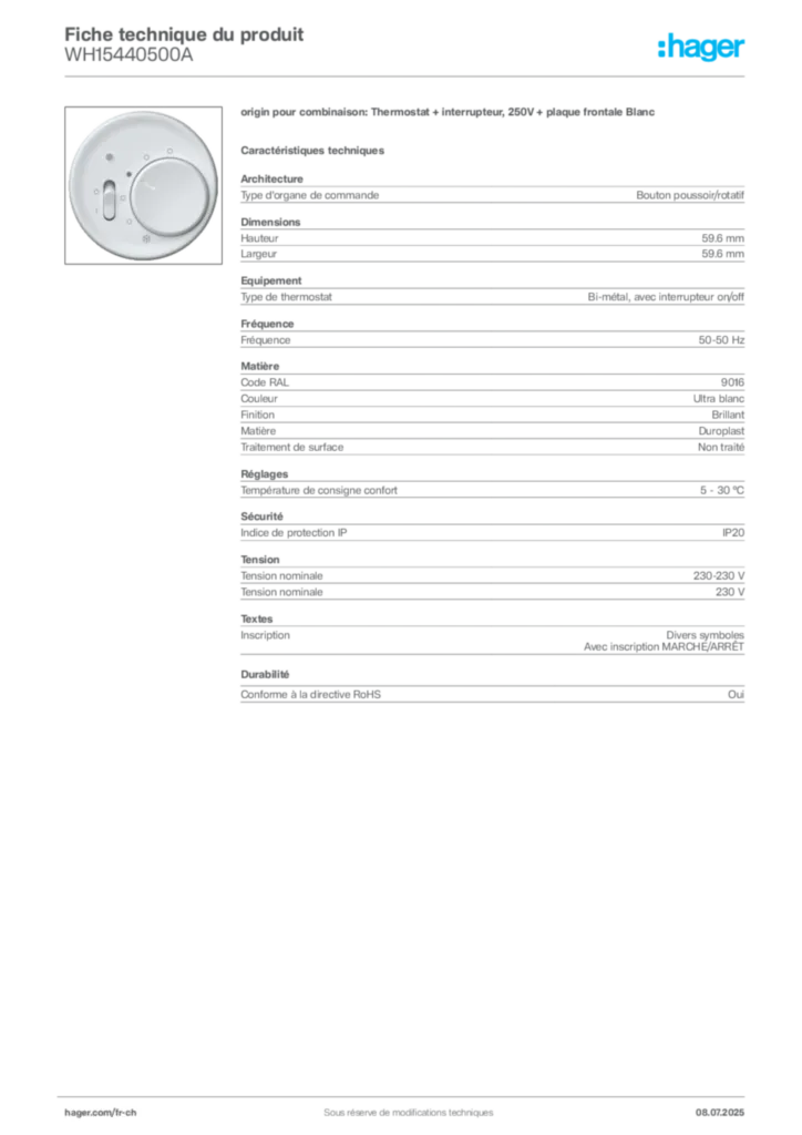 Image Hager Fiche technique du produit WH15440500A | Hager Suisse