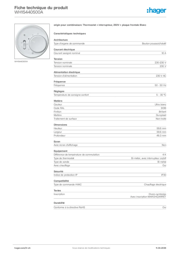 Image Hager Fiche technique du produit WH15440500A | Hager Suisse