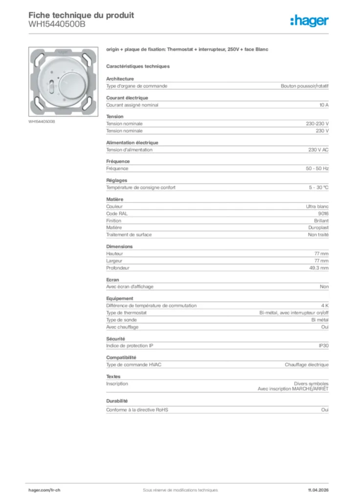 Image Hager Fiche technique du produit WH15440500B | Hager Suisse