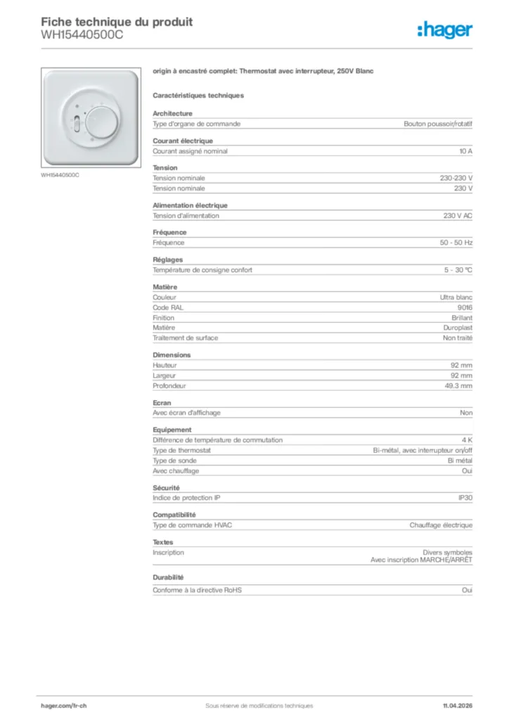 Image Hager Fiche technique du produit WH15440500C | Hager Suisse