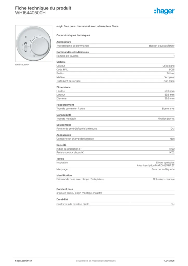 Image Hager Fiche technique du produit WH15440500H | Hager Suisse