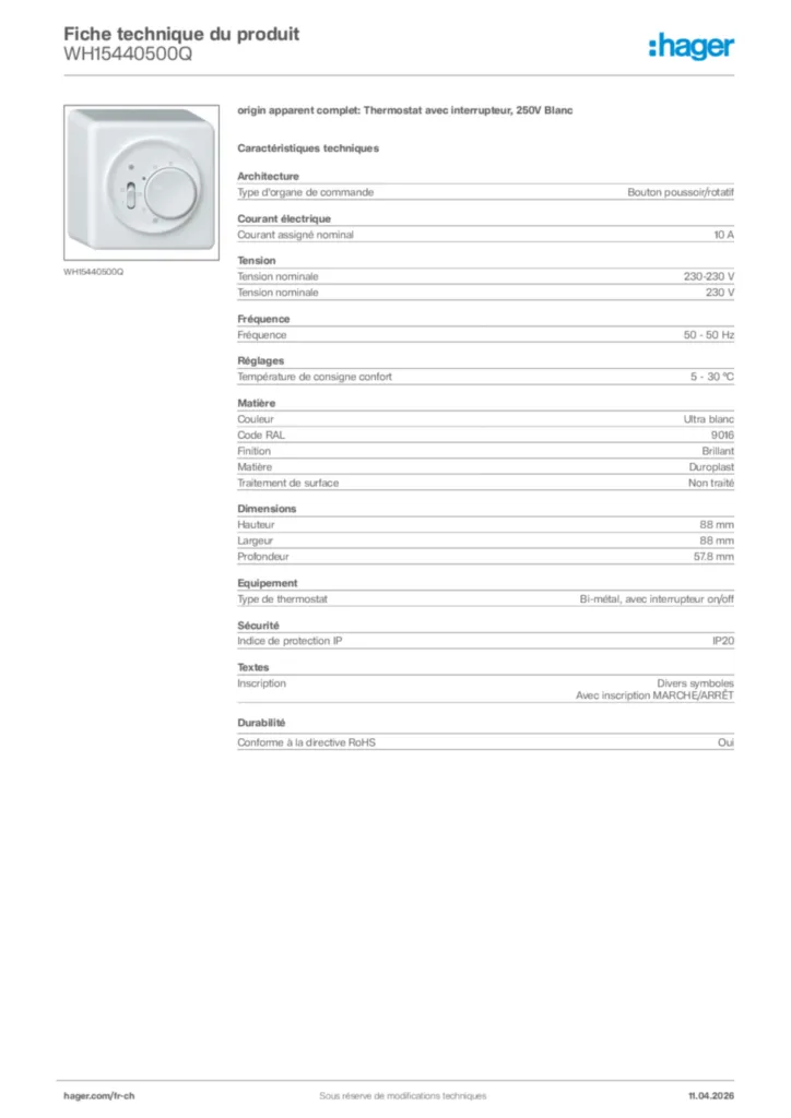 Image Hager Fiche technique du produit WH15440500Q | Hager Suisse