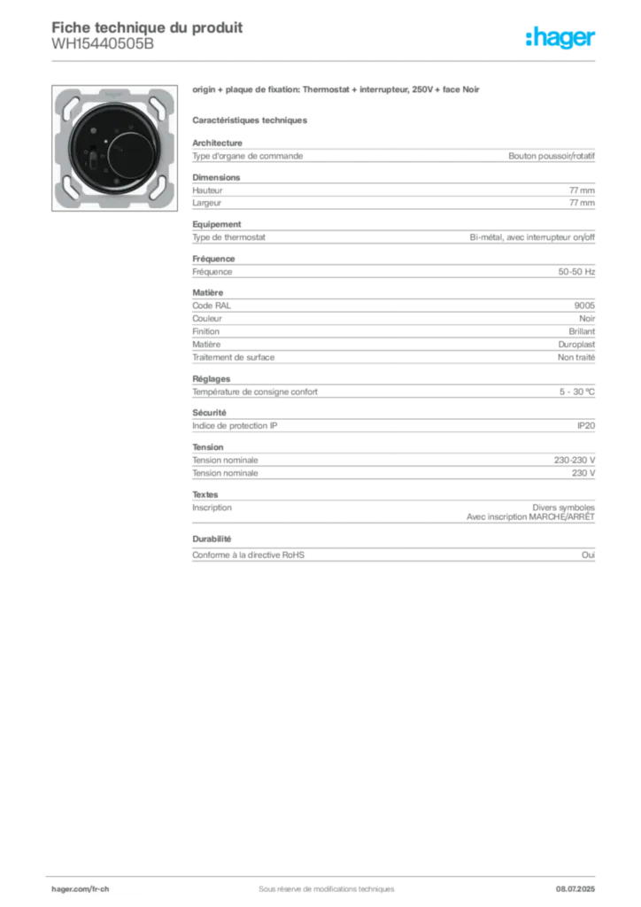 Image Hager Fiche technique du produit WH15440505B | Hager Suisse