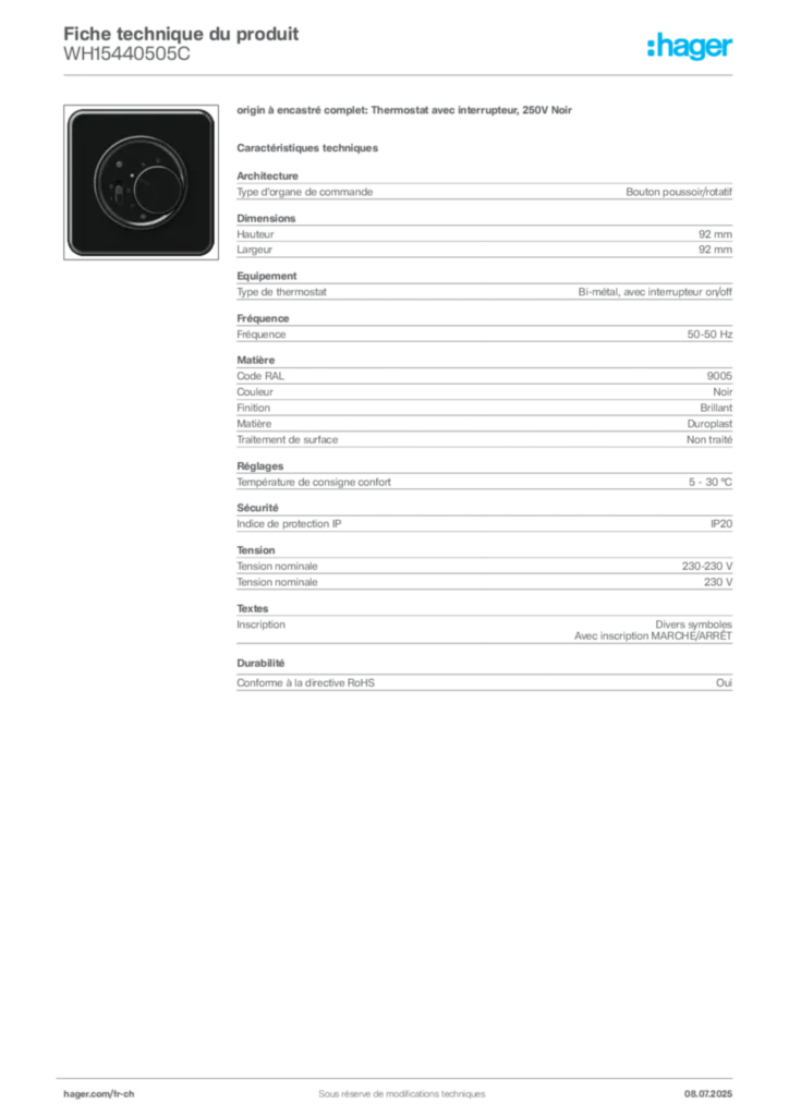 Image Hager Fiche technique du produit WH15440505C | Hager Suisse