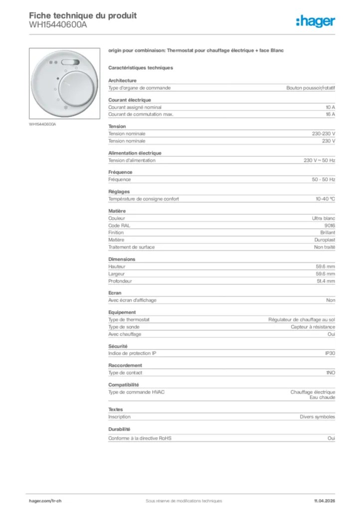 Image Hager Fiche technique du produit WH15440600A | Hager Suisse
