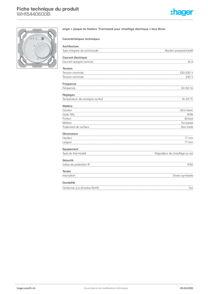 Image Hager Fiche technique du produit WH15440600B | Hager Suisse