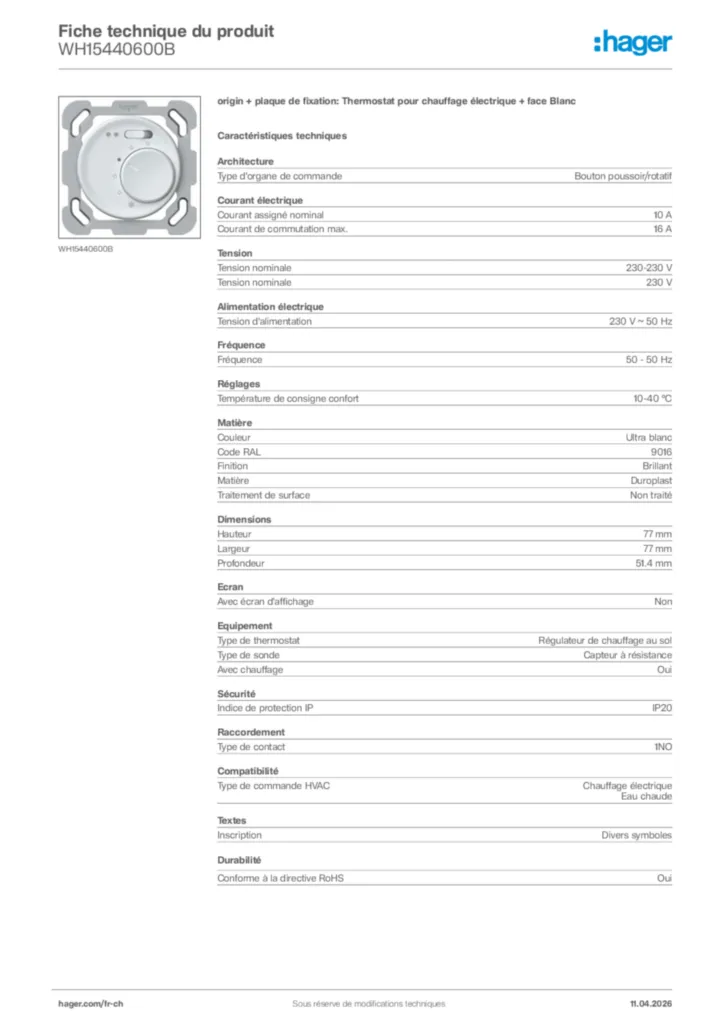 Image Hager Fiche technique du produit WH15440600B | Hager Suisse