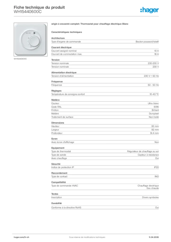 Image Hager Fiche technique du produit WH15440600C | Hager Suisse