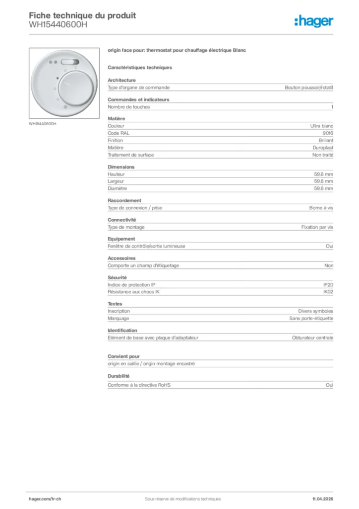 Image Hager Fiche technique du produit WH15440600H | Hager Suisse